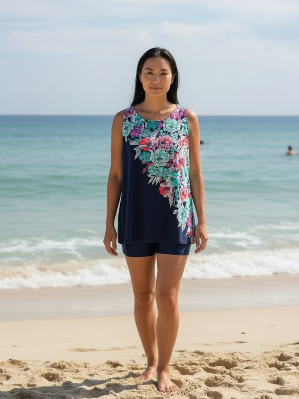 Lands End Plus 18W DD Modest High Neck Top Navy Floral
